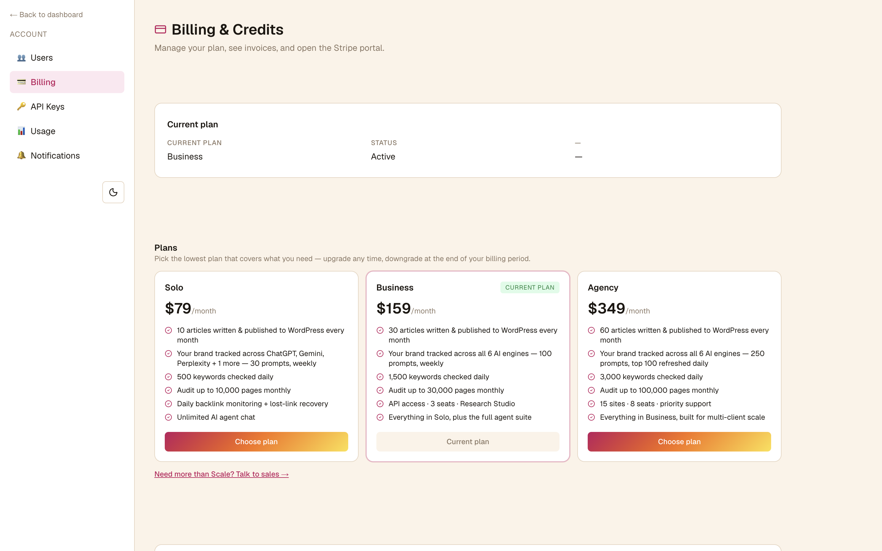 The Billing & Credits page with the current plan and plan comparison