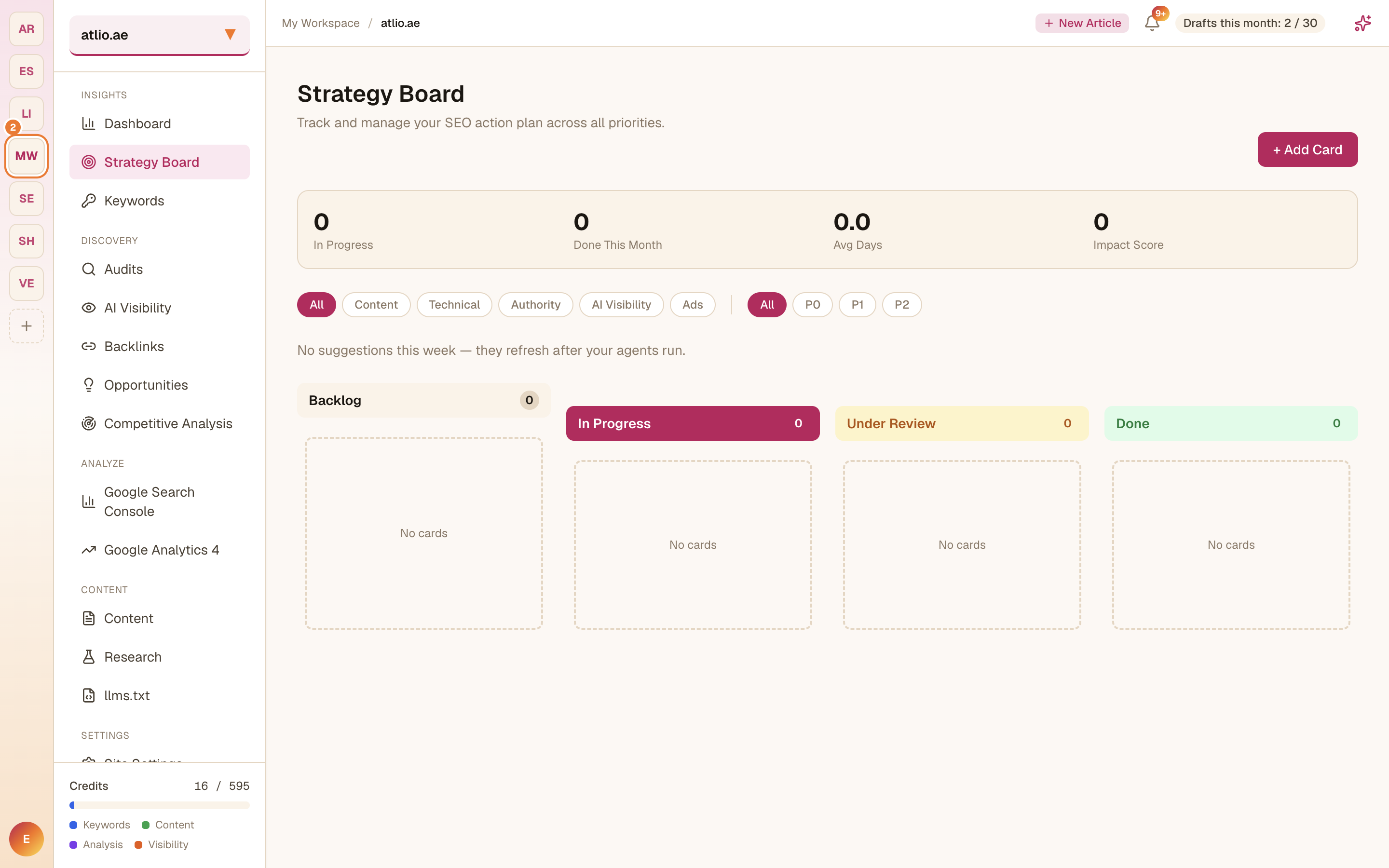 The Strategy Board with Backlog, In Progress, Under Review, and Done columns