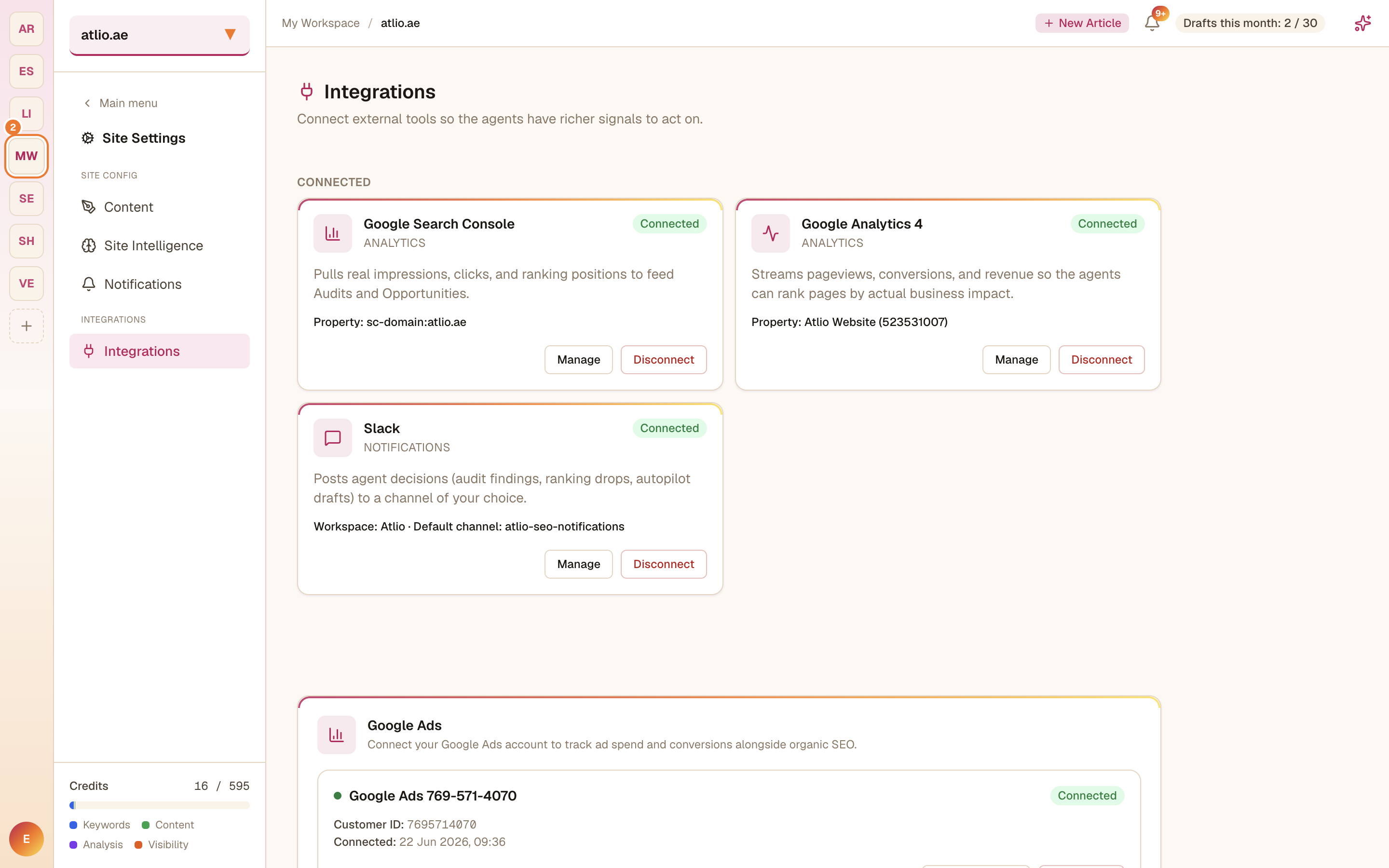The Integrations page with the Shopify connection