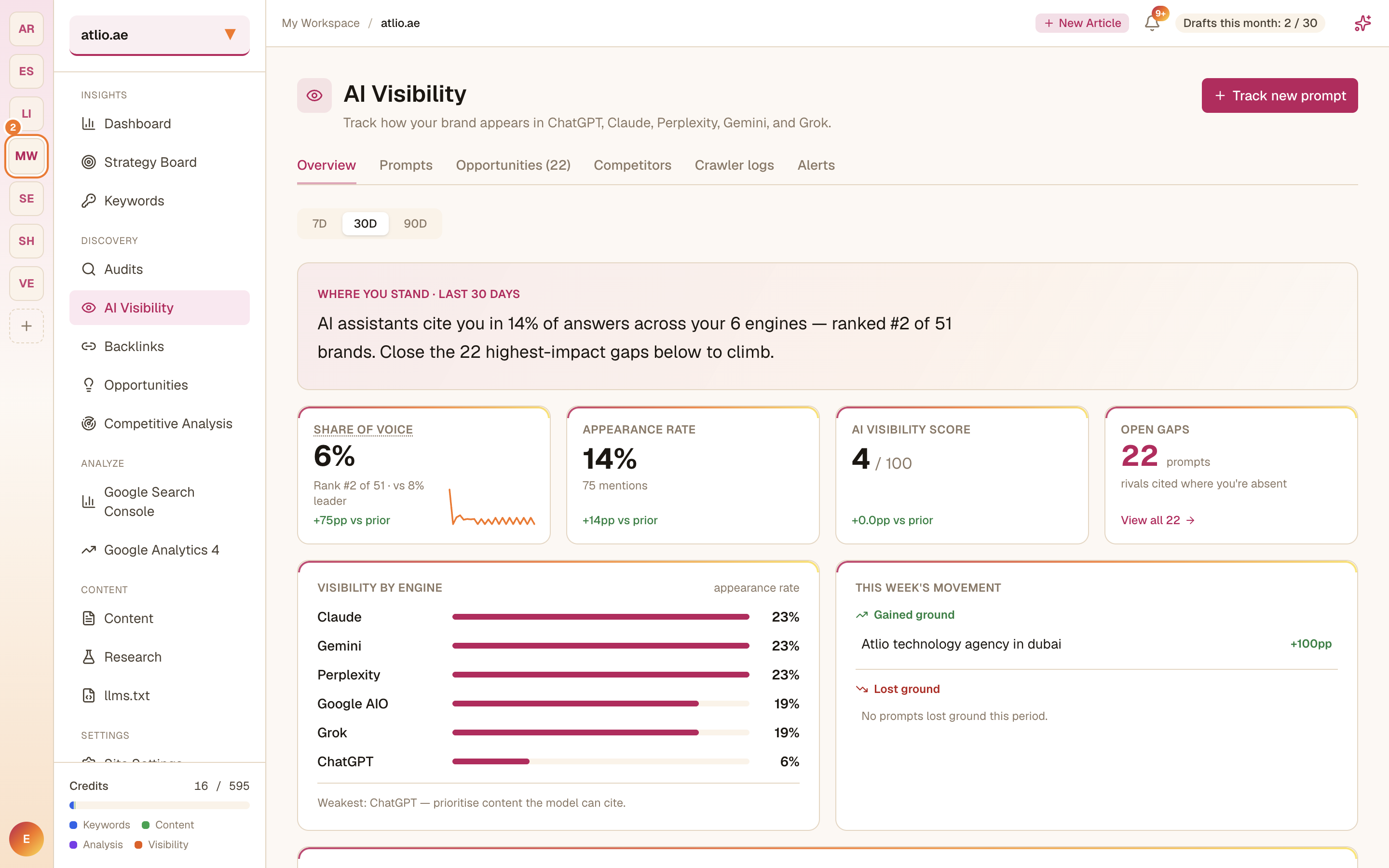 The AI Visibility overview with share of voice, appearance rate, score, and gaps