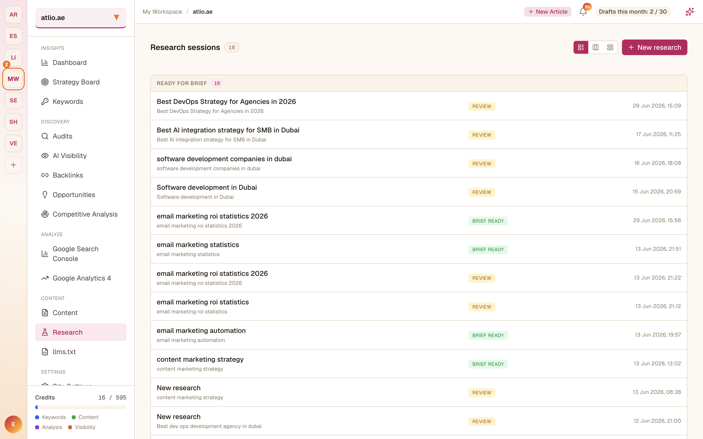 The Research sessions list with statuses and last-updated times