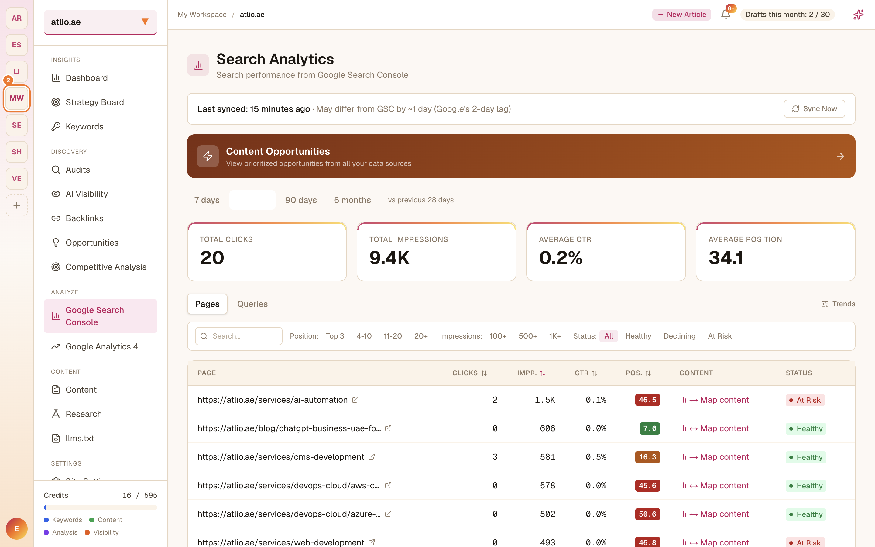 The Search Analytics view with clicks, impressions, CTR, and position