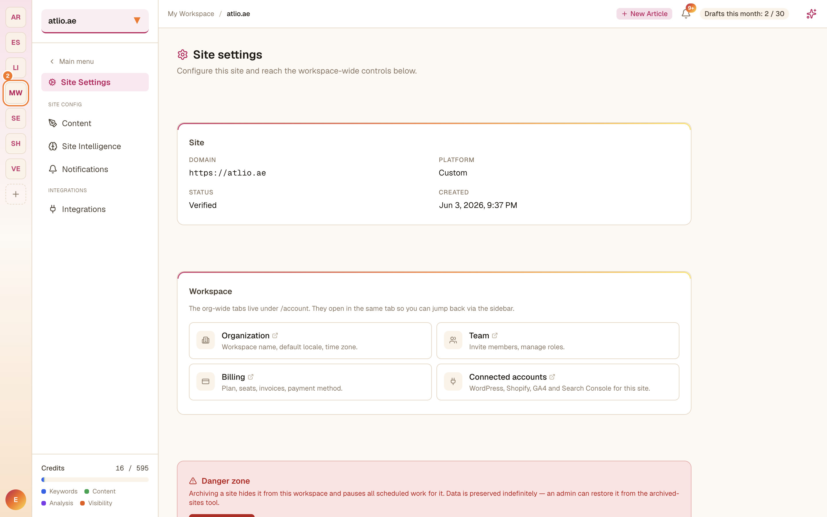 Site settings showing the domain and a Verified status