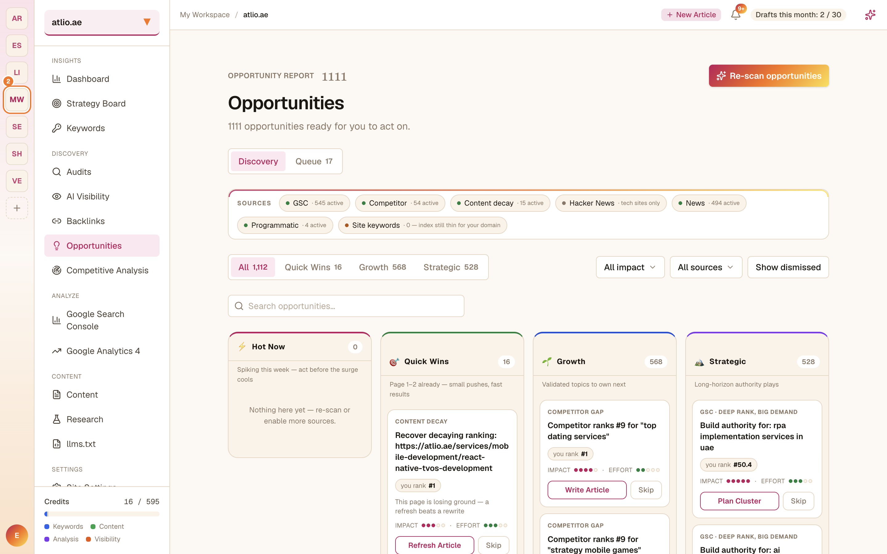 The Opportunities discovery view listing sources and their health
