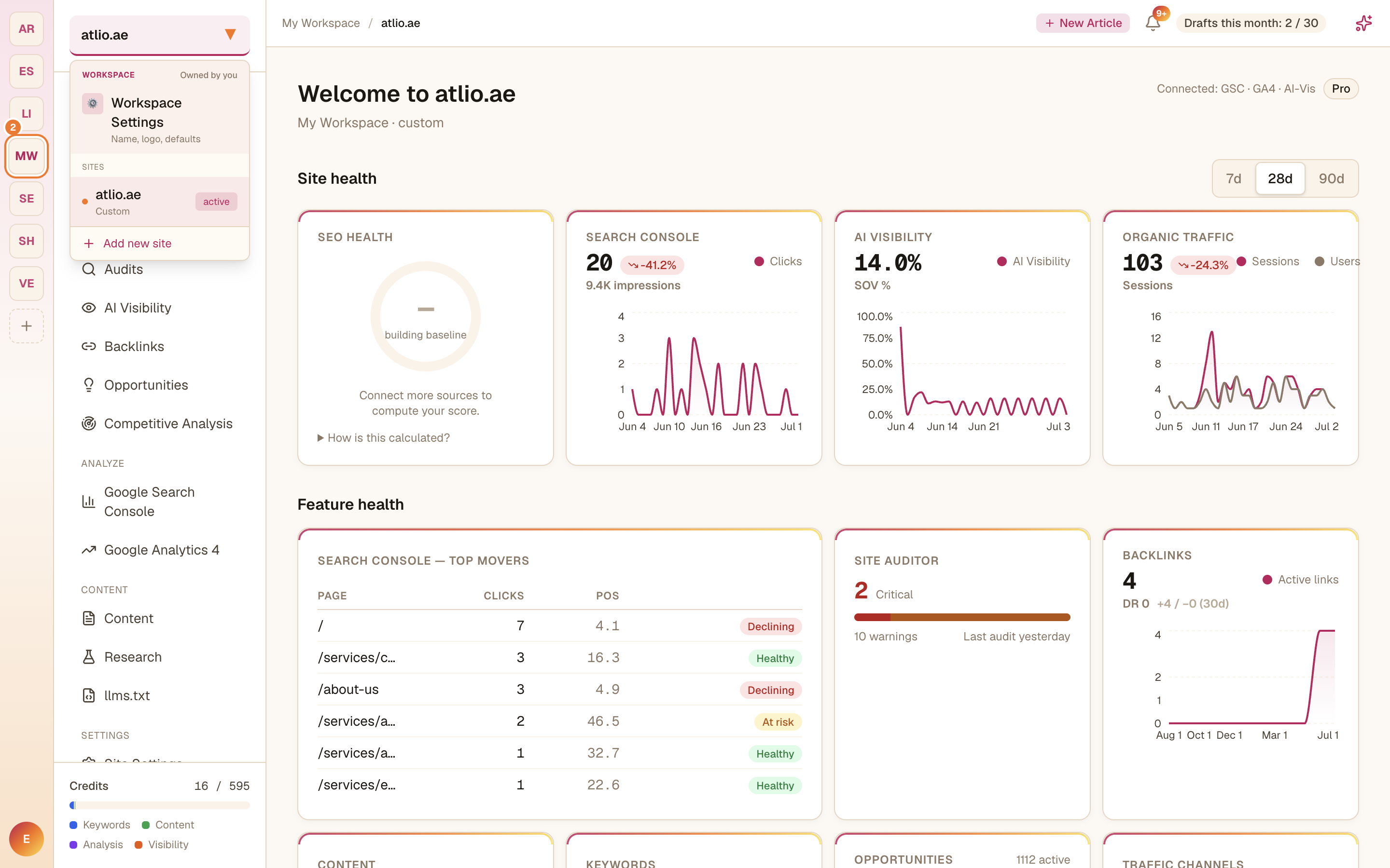The workspace and site switcher with sites and the Add new site option