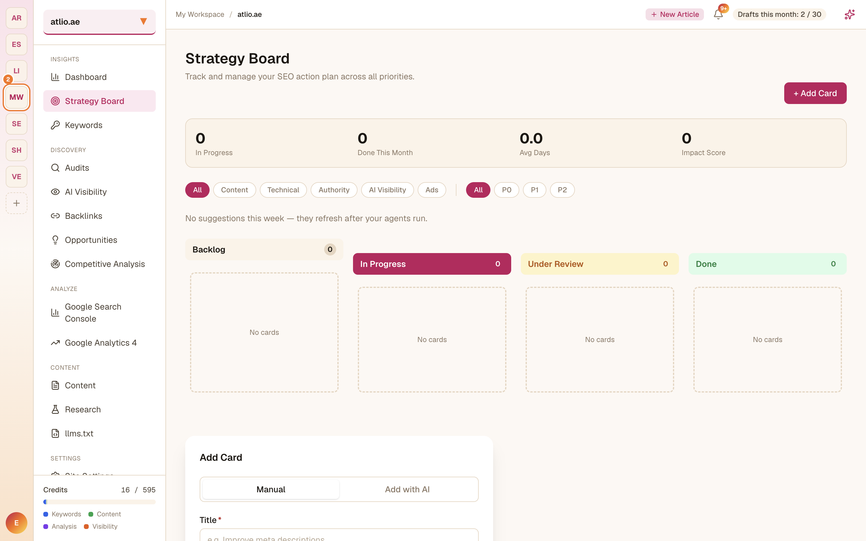 The Add Card dialog with title, category, priority, owner, and due date fields