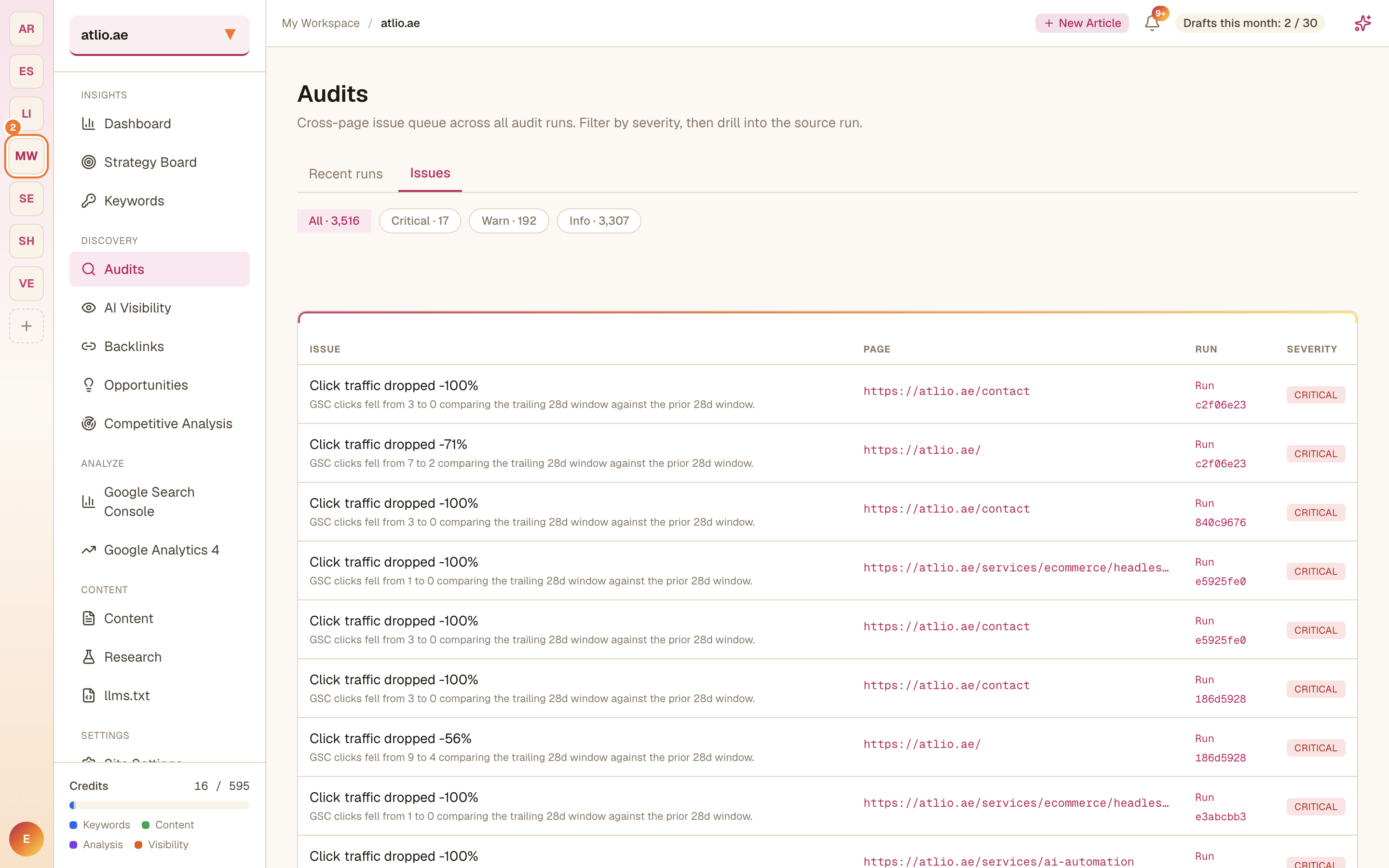 The Issues queue filtered by severity, with the affected page and source run for each issue