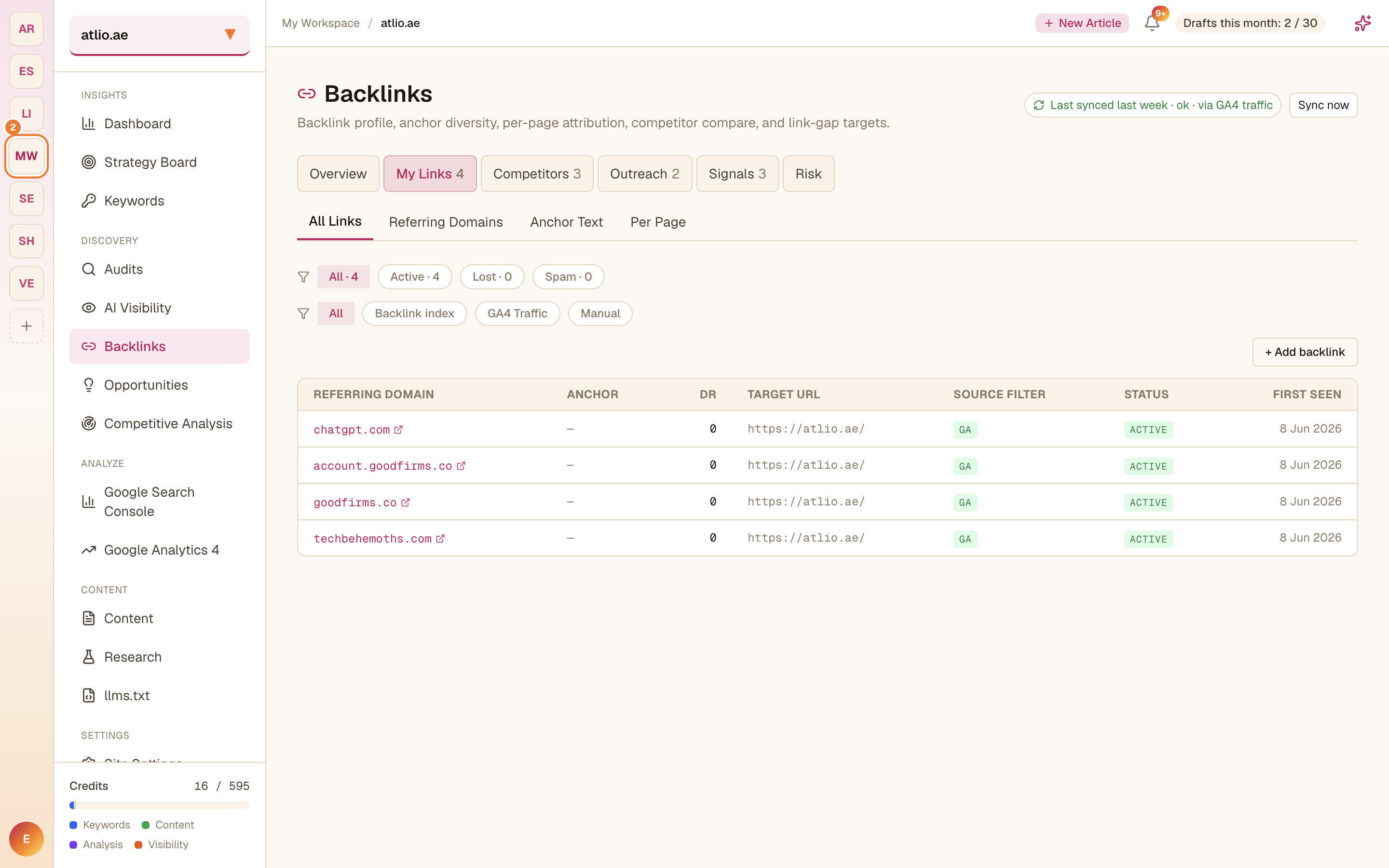 The My Links tab showing referring domains, anchors, and target URLs with Active/Lost/Spam filters