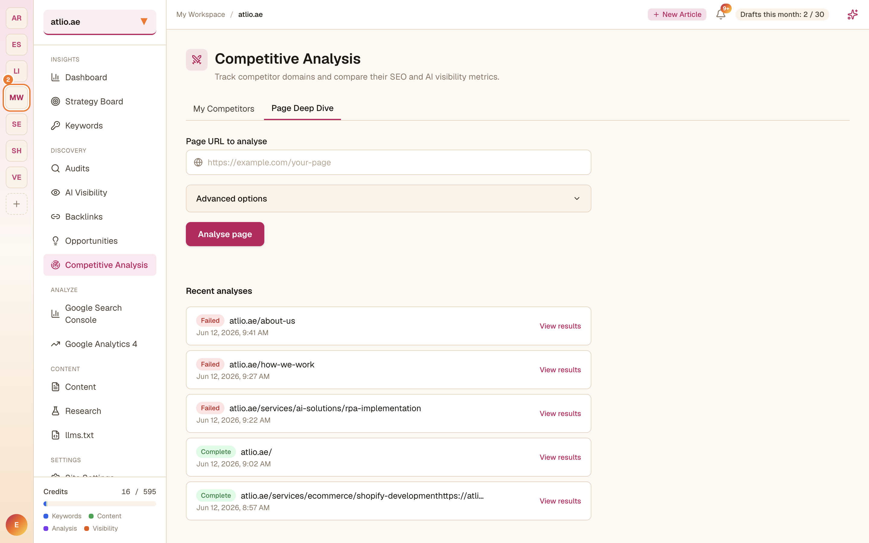 The Page Deep Dive tab with a URL input and recent analyses