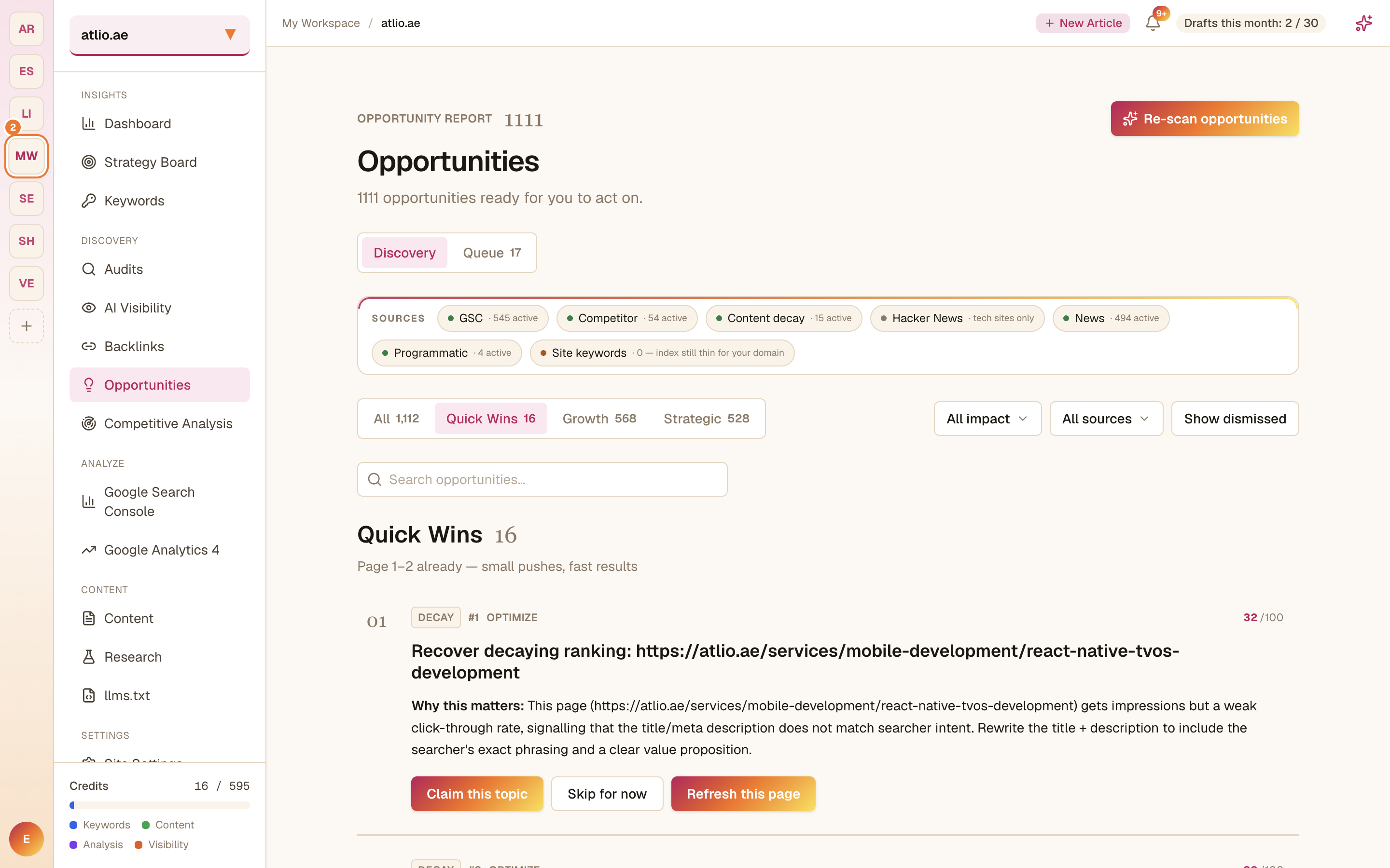 The Quick Wins tab showing high-impact, low-effort opportunities